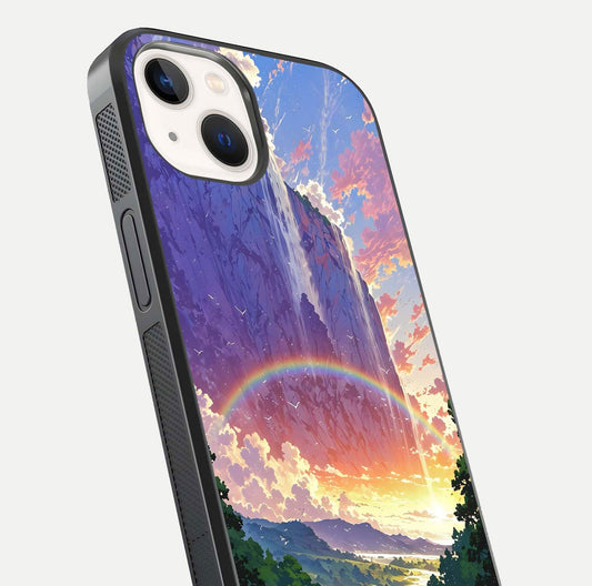 Rainbow Valley Dream Glass Case for iPhone 16 Pro close-up angled shot highlighting gradient tones and HD shine