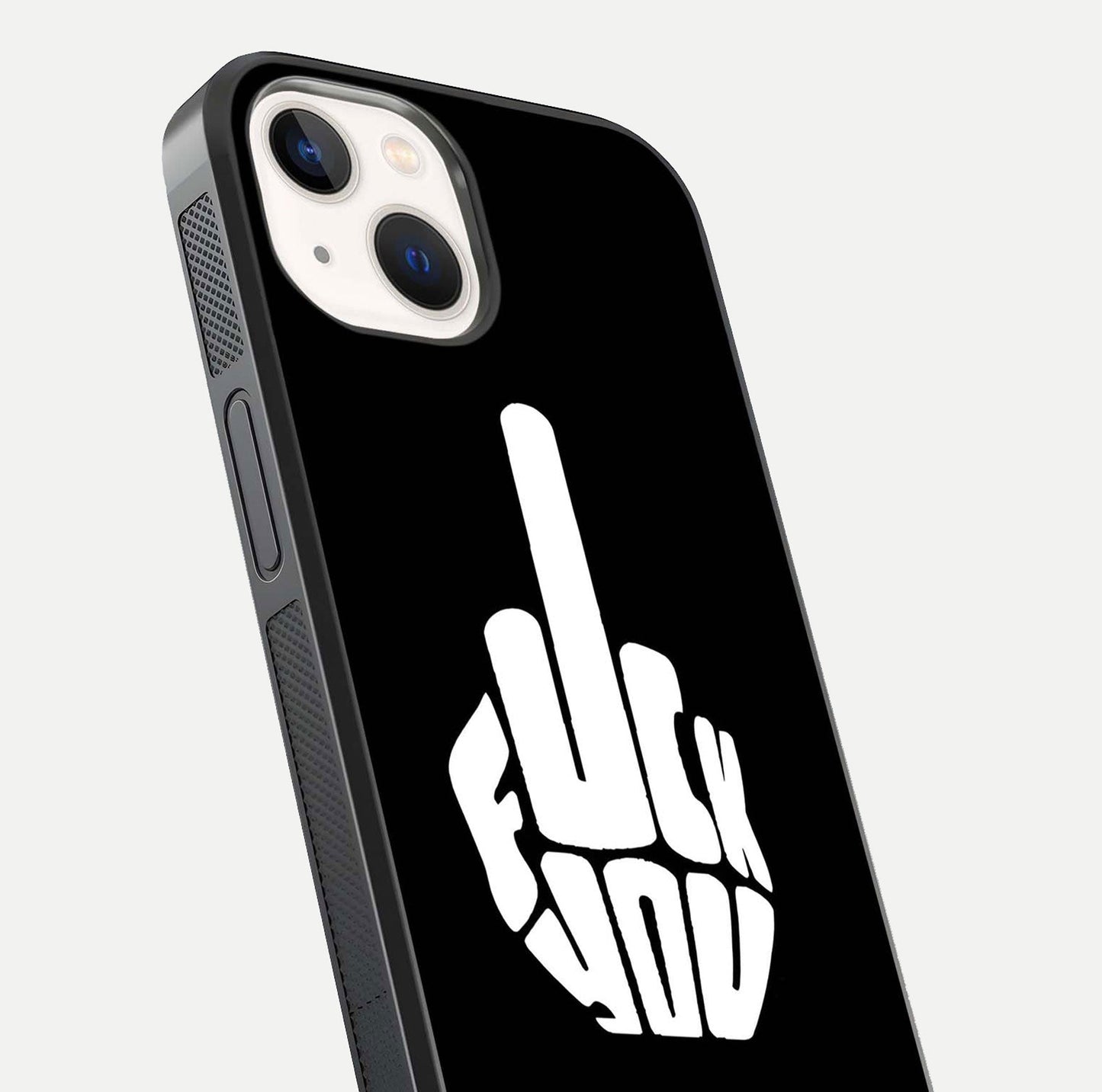 Rebel Mode On Glass Case for iPhone 14 close-up angled shot highlighting reflective text and sharp design