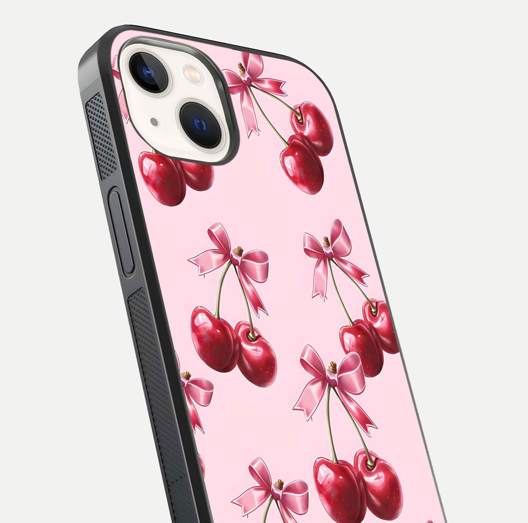 Red Cherries Pattern Glass Case for iPhone 14 close-up angled shot showing cherry details and HD reflection
