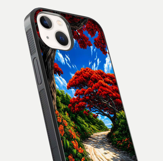 Red Trees Pathway Glass Case for iPhone 14 close-up angled shot highlighting forest detail and reflection
