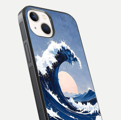 Rising Tide Power Glass Case for iPhone 14 close-up angled shot highlighting water motion and reflection