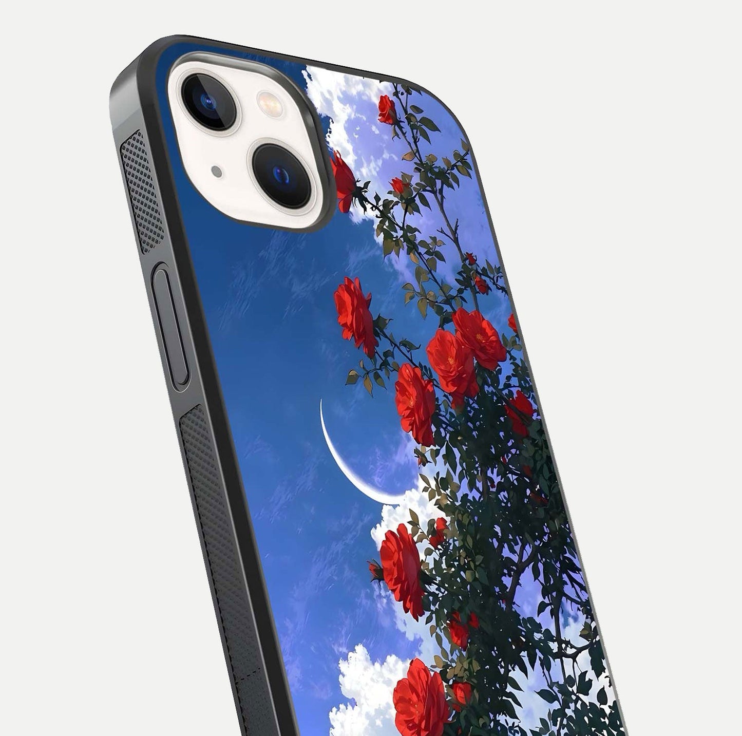 Rose Drift Flowers Glass Case for iPhone 14 close-up angled shot highlighting floral texture and reflection