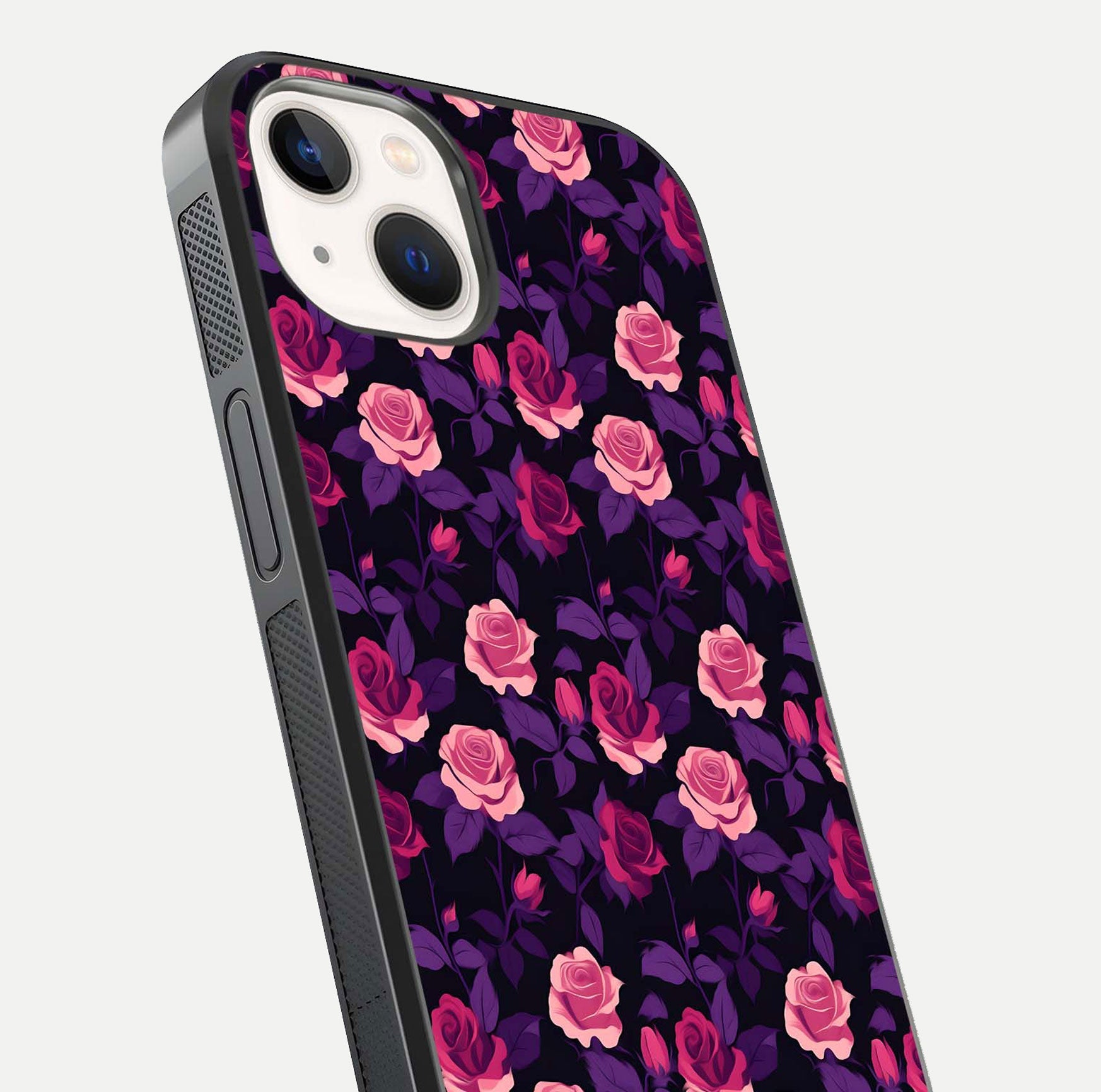 Rose Garden Twilight Glass Case for iPhone 14 close-up angled shot highlighting rose contrast and reflection