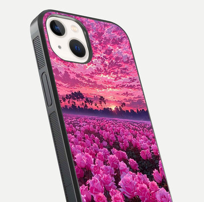 Rose Sunset Valley Glass Case for iPhone 14 close-up angled shot showing rose detailing and golden hues