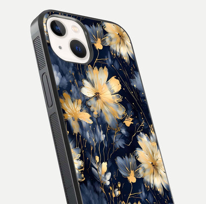 Royal Petal Dream Glass Case for iPhone 14 close-up angled shot highlighting petal texture and reflection depth