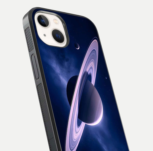 Saturn Ring Mystique Glass Case for iPhone 14 close-up angled shot highlighting ring detail and HD reflection