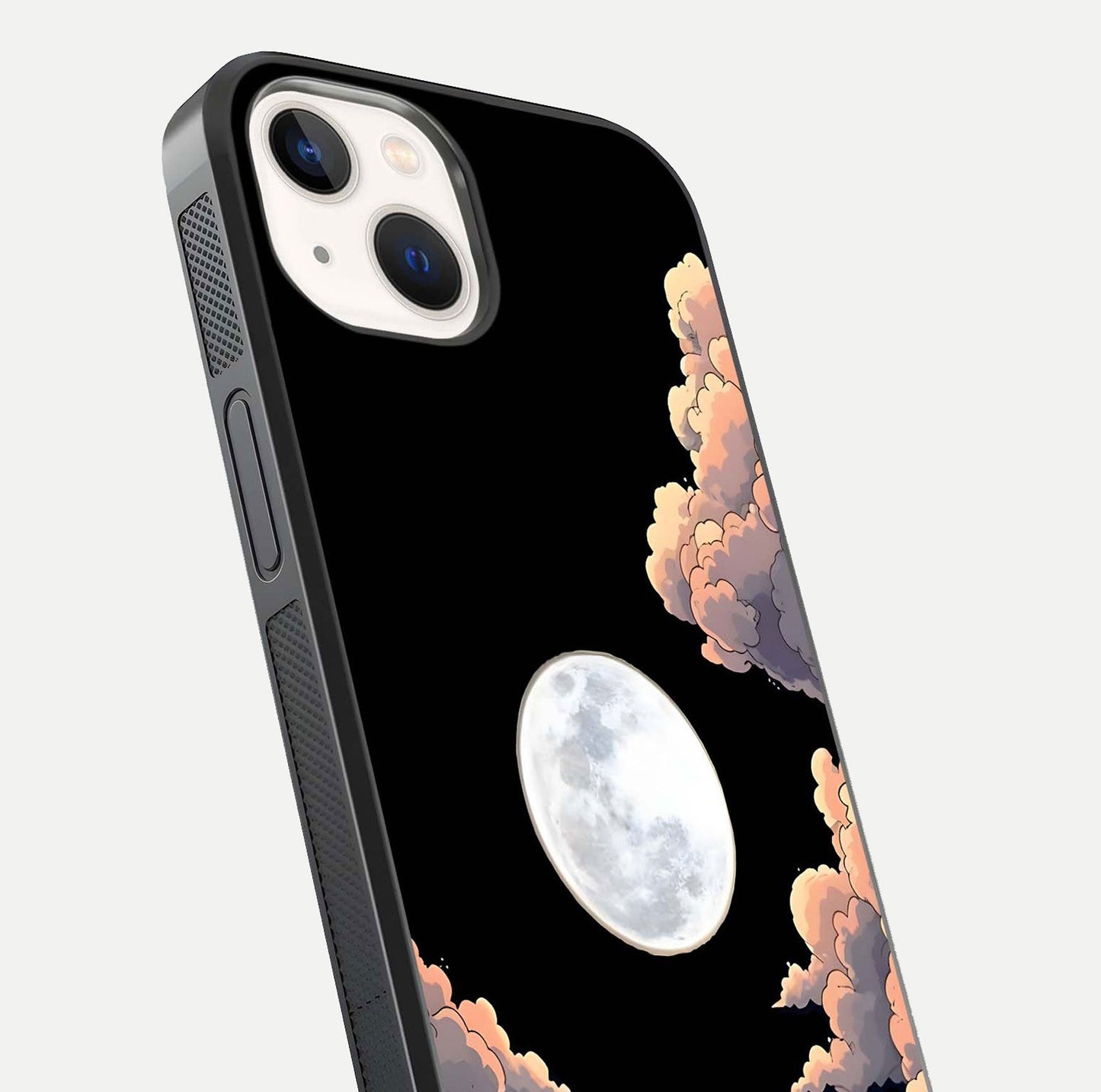 Shade Cloud Moon Glass Case for iPhone 14 close-up angled shot highlighting moon reflection and depth