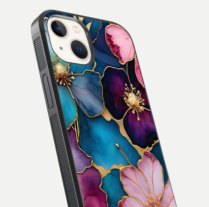 Sparkle Floral Glass Case for iPhone 14 close-up angled shot highlighting shimmer details and reflection