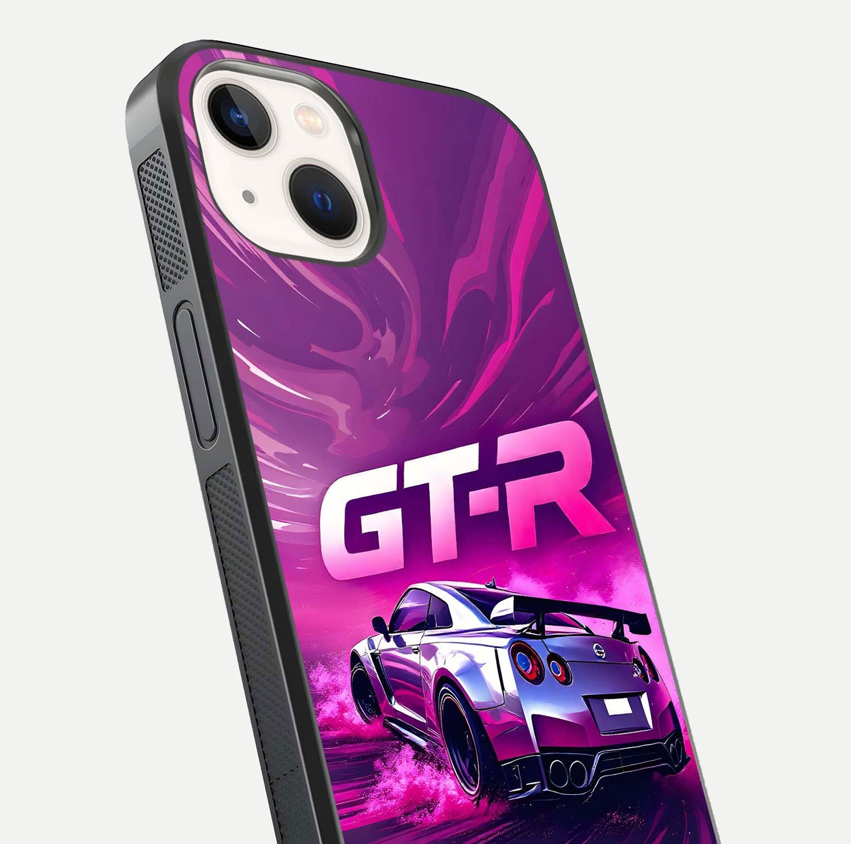 Speed Drift Legend Glass Case for iPhone 14 close-up angled shot highlighting speed lines and reflection