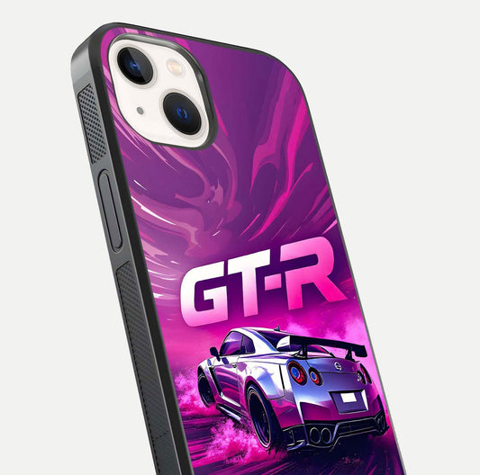 Speed Drift Legend Glass Case for iPhone 14 close-up angled shot highlighting speed lines and reflection