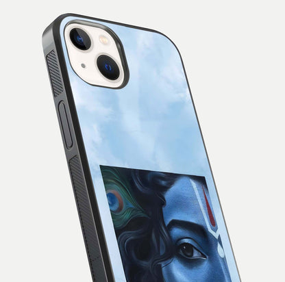 Spiritual Krishna Glass Case for iPhone 16 Pro close-up angled shot showing HD print, color tone, and reflection