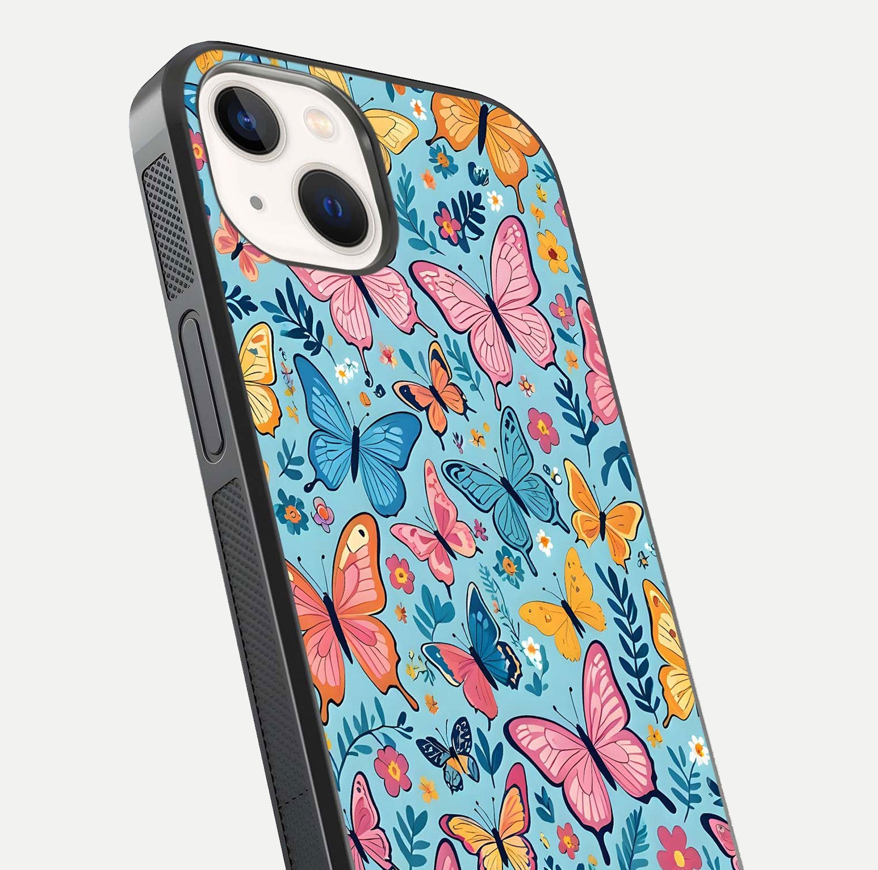 Spring Wing Garden Glass Case for iPhone 14 close-up angled shot highlighting petal details and reflection