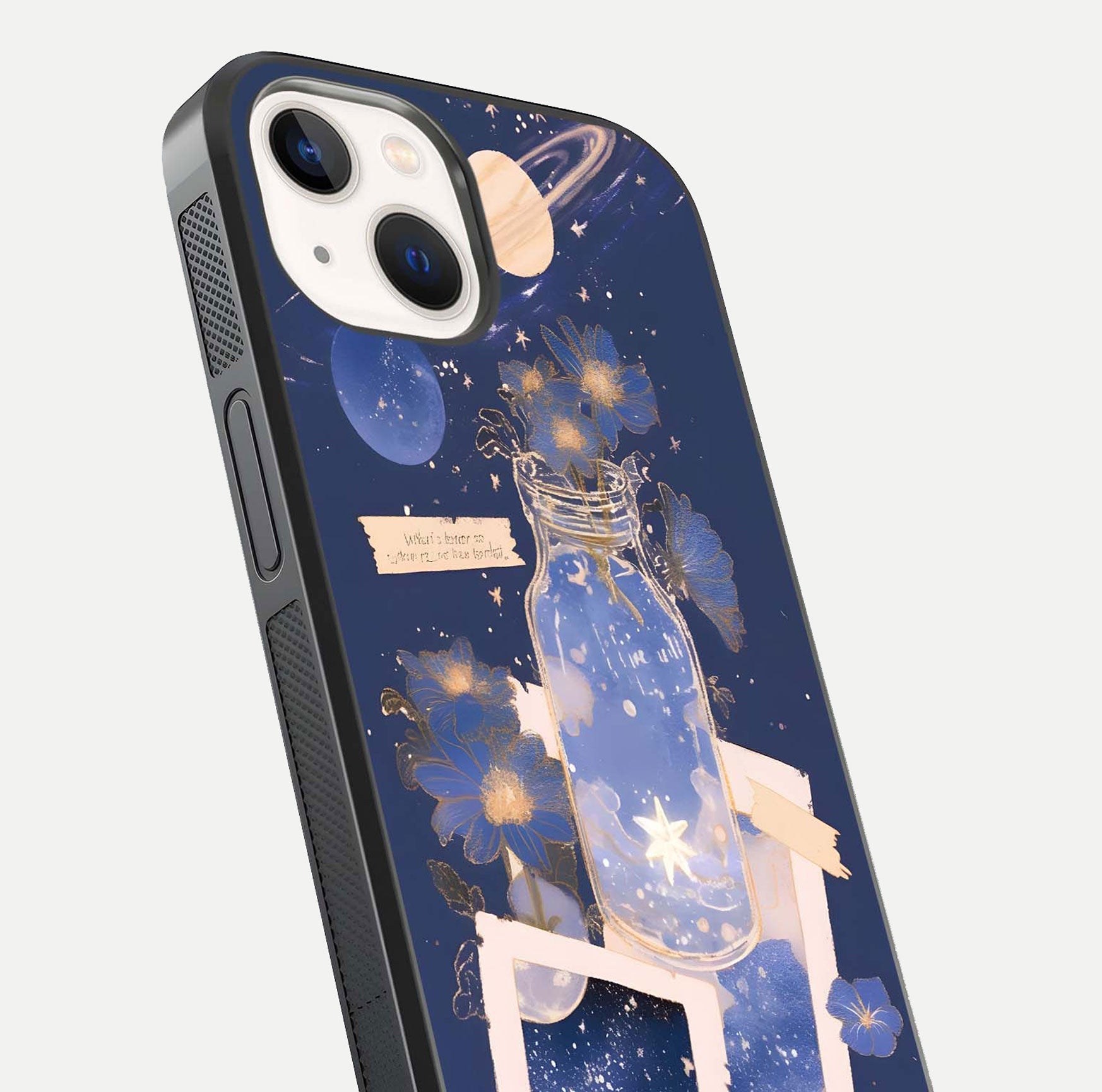 Starlit Cosmic Jar Glass Case for iPhone 14 close-up angled shot highlighting stars, reflections, and HD shine