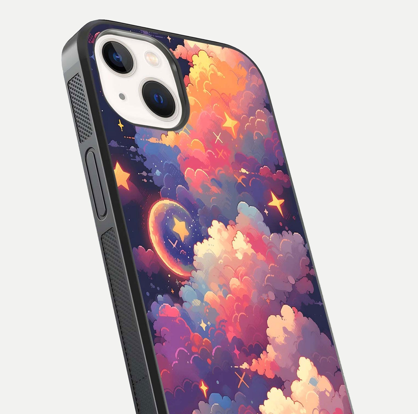 Starlit Dream Clouds Glass Case for iPhone 14 close-up angled shot highlighting cloud texture and reflection