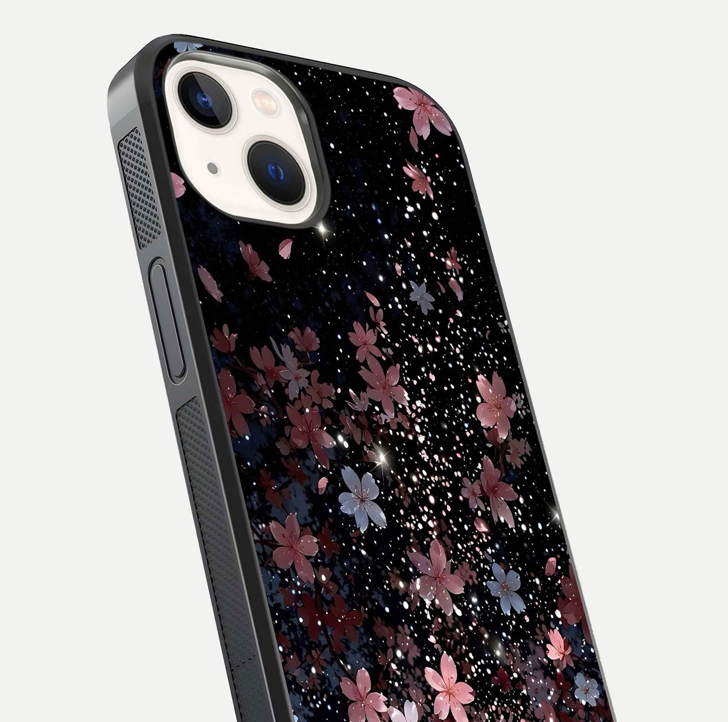 Starlit Flower Dreams Glass Case for iPhone 14 close-up angled shot highlighting petal reflection and HD depth