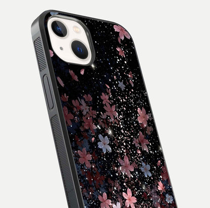 Starlit Flower Dreams Glass Case for iPhone 14 close-up angled shot highlighting petal reflection and HD depth