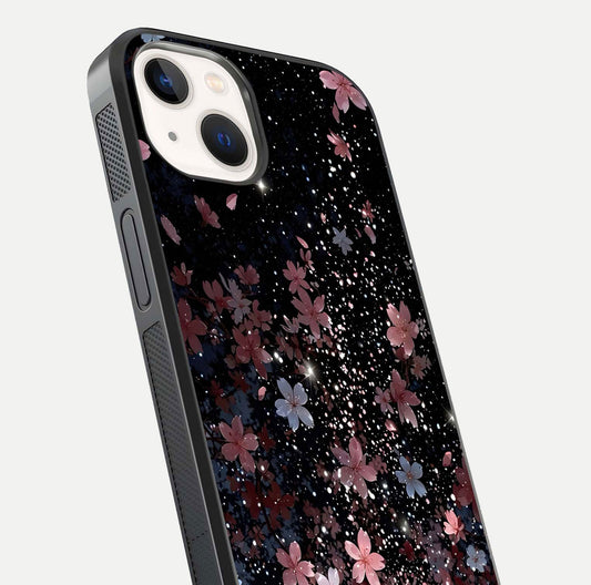 Starlit Flower Dreams Glass Case for iPhone 14 close-up angled shot highlighting petal reflection and HD depth
