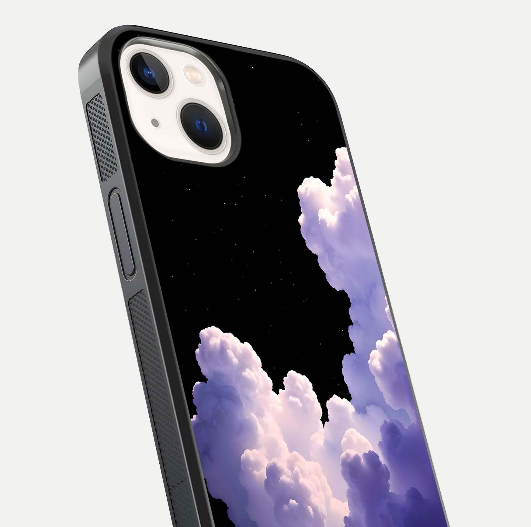 Starlit Night Whispers Glass Case for iPhone 14 close-up angled shot highlighting stars and reflection