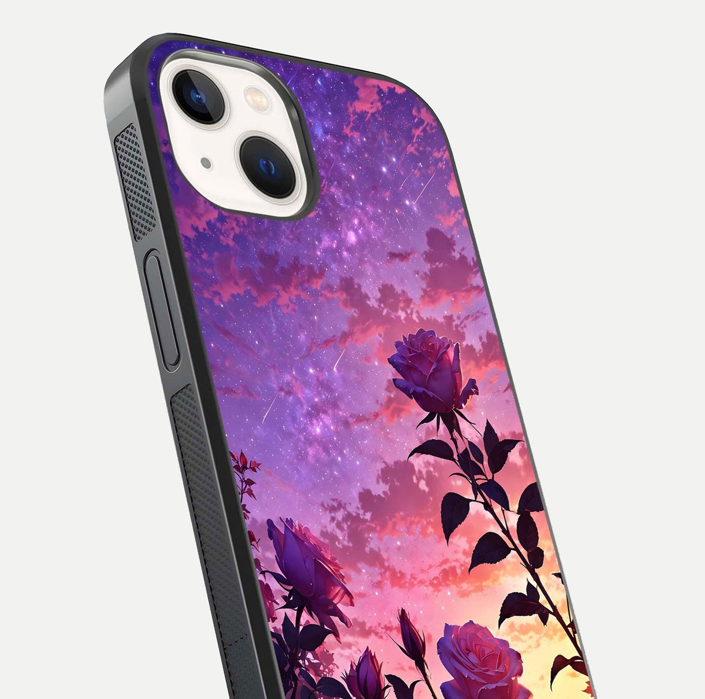 Starlit Rose Twilight Glass Case for iPhone 14 close-up angled shot highlighting rose detail and reflection