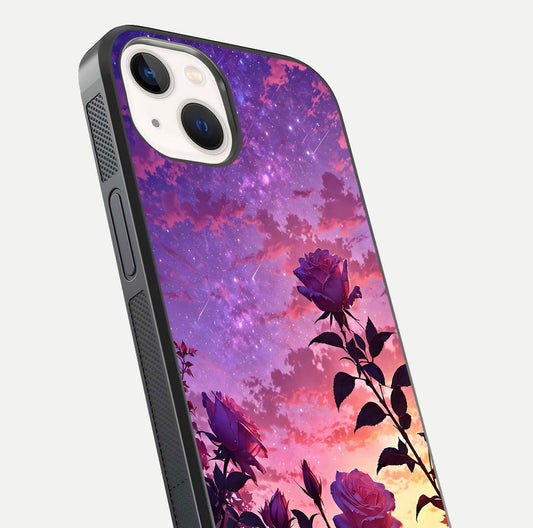Starlit Rose Twilight Glass Case for iPhone 14 close-up angled shot highlighting rose detail and reflection