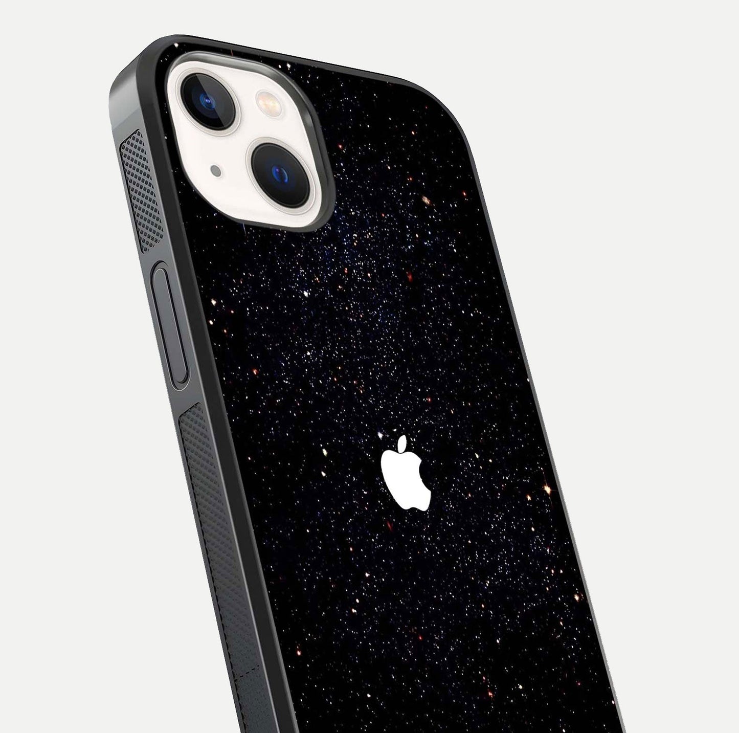 Starry Apple Galaxy Glass Case for iPhone 14 close-up angled shot highlighting star details and gloss