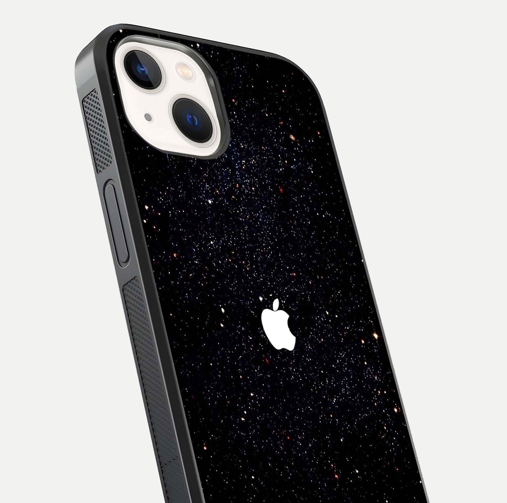 Starry Apple Galaxy Glass Case for iPhone 14 close-up angled shot highlighting star details and gloss