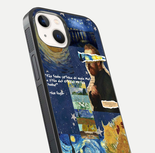 Starry Dream Vision Glass Case for iPhone 14 close-up angled shot highlighting cosmic light and reflection
