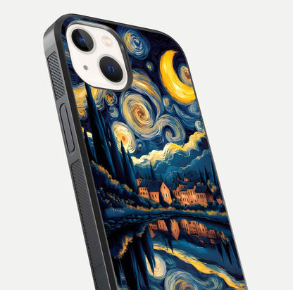 Starry Sky Serenity Glass Case for iPhone 14 close-up angled shot highlighting light reflection and blue hues