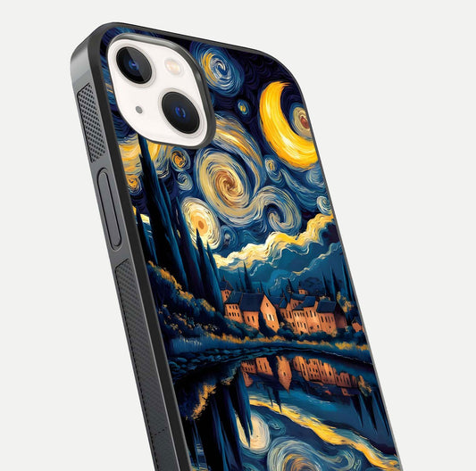Starry Sky Serenity Glass Case for iPhone 14 close-up angled shot highlighting light reflection and blue hues