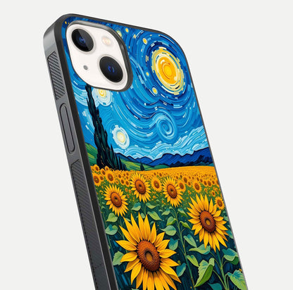 Starry Sunflower Dreams Glass Case for iPhone 14 close-up angled shot highlighting petal texture and gloss