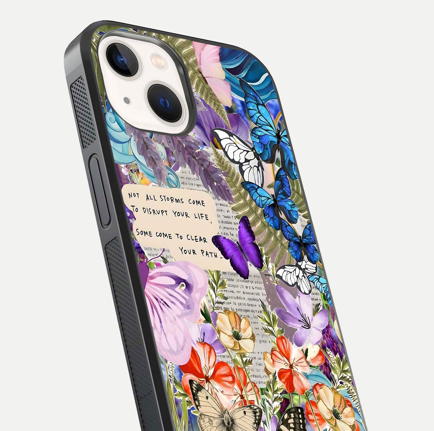 Storm Path Bloom Glass Case for iPhone 14 close-up angled shot highlighting bloom texture and reflection