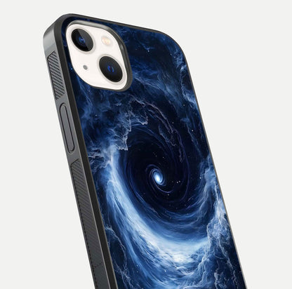 Stunning Galaxy Glass Case for iPhone 14 close-up angled shot highlighting nebula tones and HD reflection