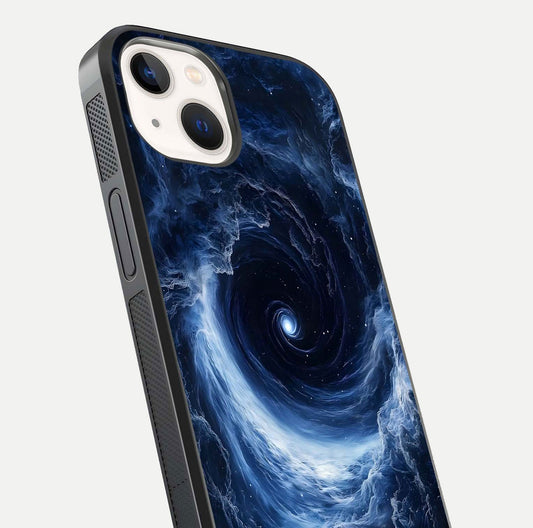 Stunning Galaxy Glass Case for iPhone 14 close-up angled shot highlighting nebula tones and HD reflection