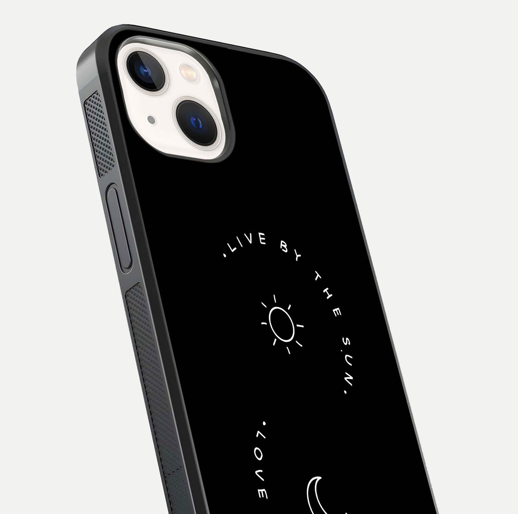 Sun Moon Balance Glass Case for iPhone 14 close-up angled shot highlighting cosmic art and HD reflection