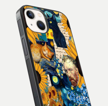 Sunflower Cat Art Glass Case for iPhone 14 close-up angled shot highlighting yellow tones and art reflection