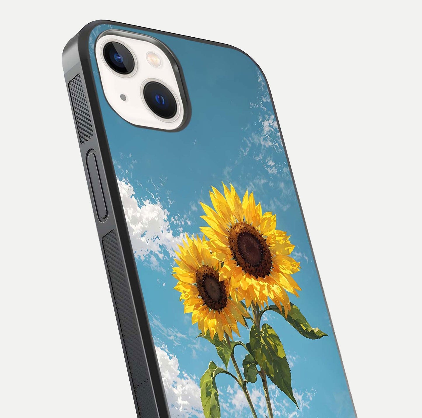 Sunflower Sky Bloom Glass Case for iPhone 14 close-up angled shot highlighting petal details and reflection