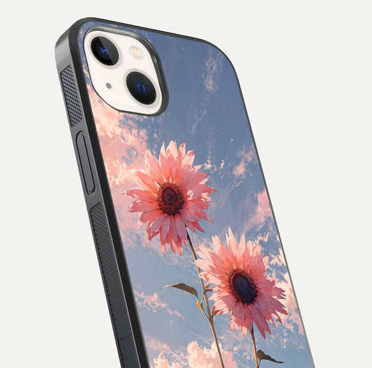 Sunlit Daisy Glow Glass Case for iPhone 14 close-up angled shot highlighting petal texture and reflection