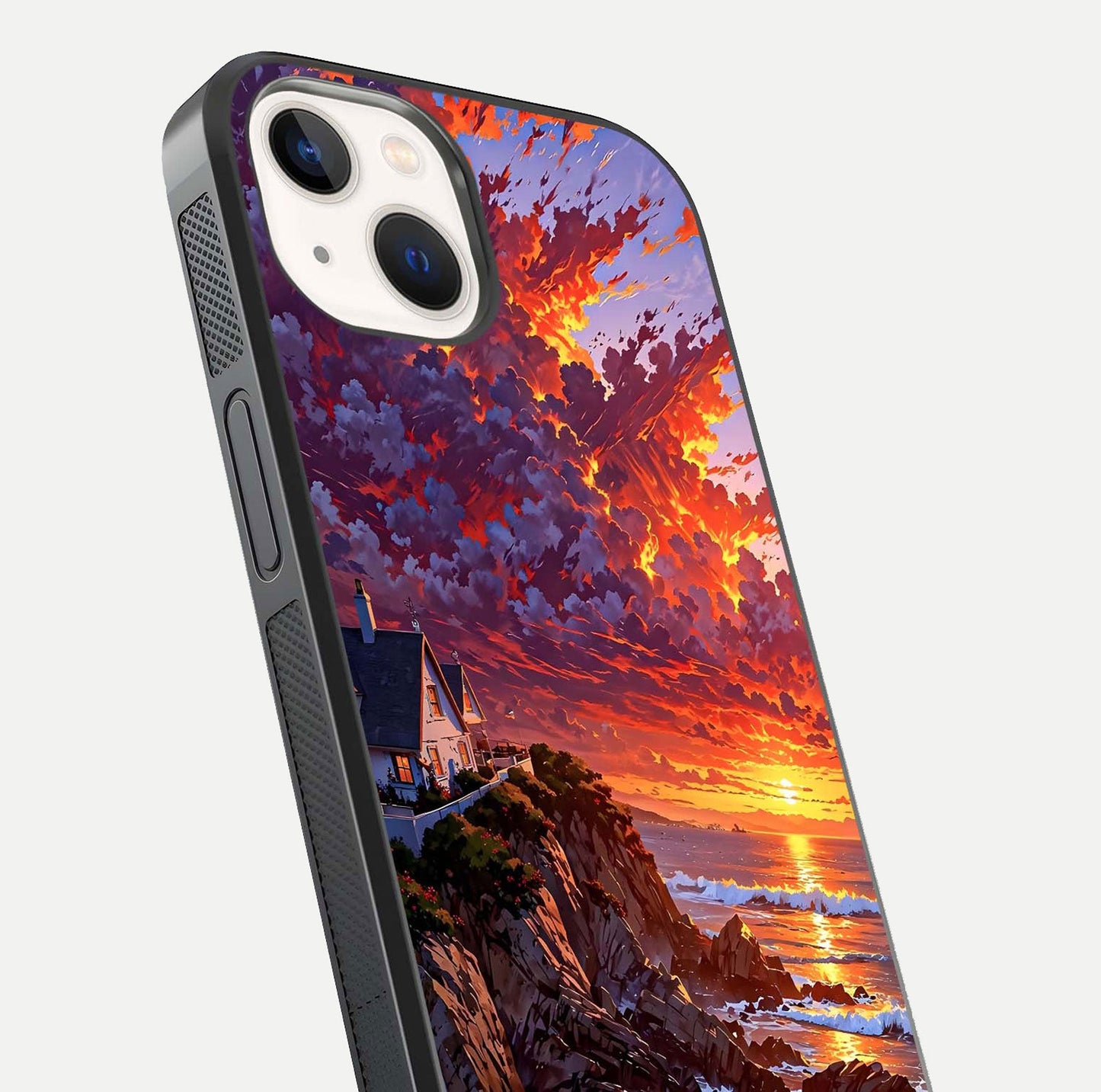 Sunset House by Sea Glass Case for iPhone 14 close-up angled shot highlighting sunset tones and water glow