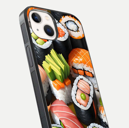 Sushi Food Pattern Glass Case for iPhone 14 close-up angled shot highlighting colorful sushi prints and reflection
