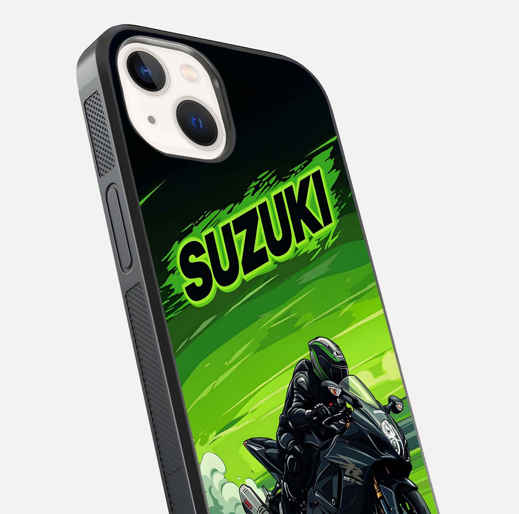 Suzuki Speed Beast Glass Case for iPhone 14 close-up angled shot highlighting bold tones and reflection