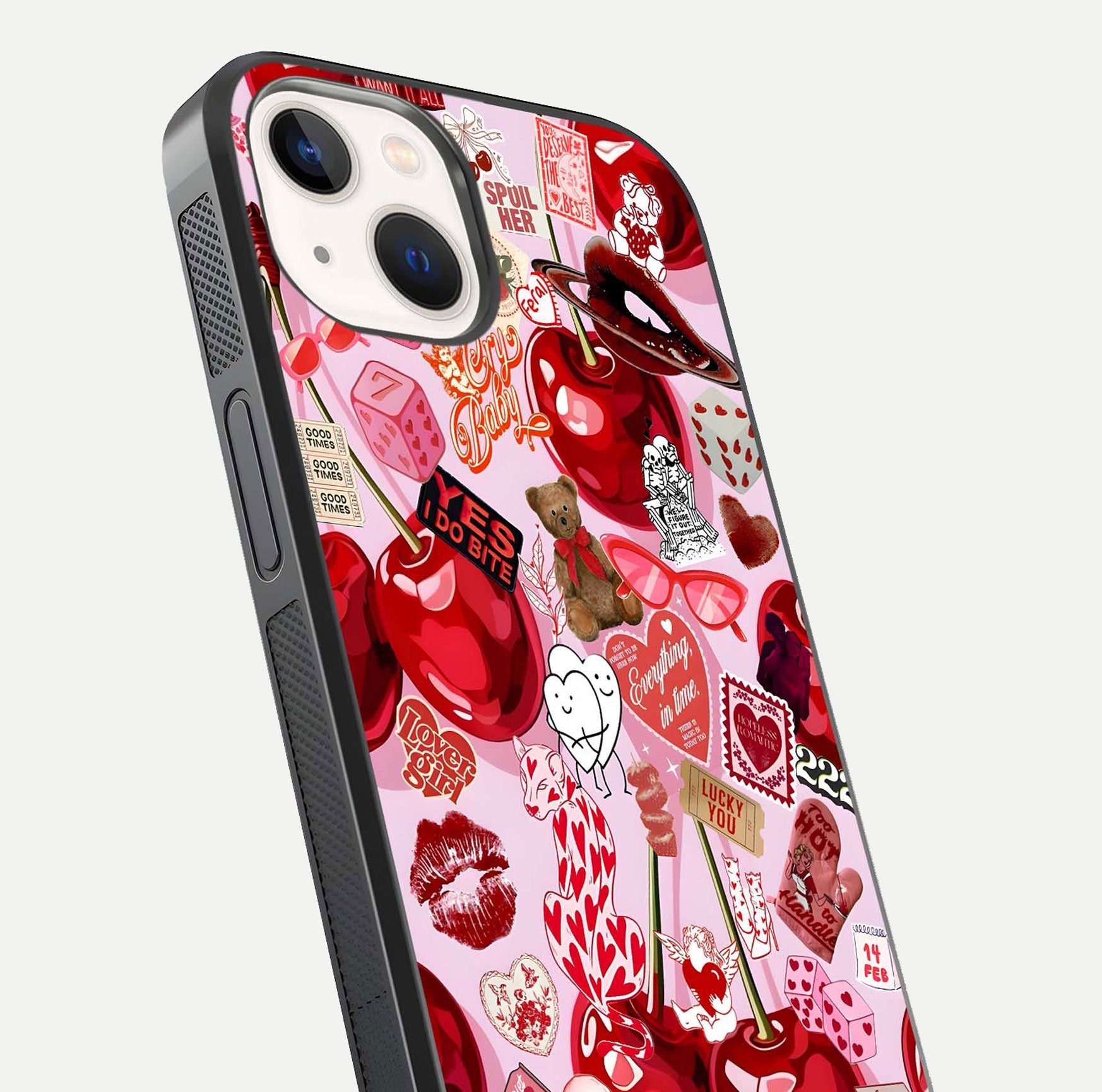 Sweet Cherry Chaos Glass Case for iPhone 14 close-up angled shot highlighting red tone contrast and reflection
