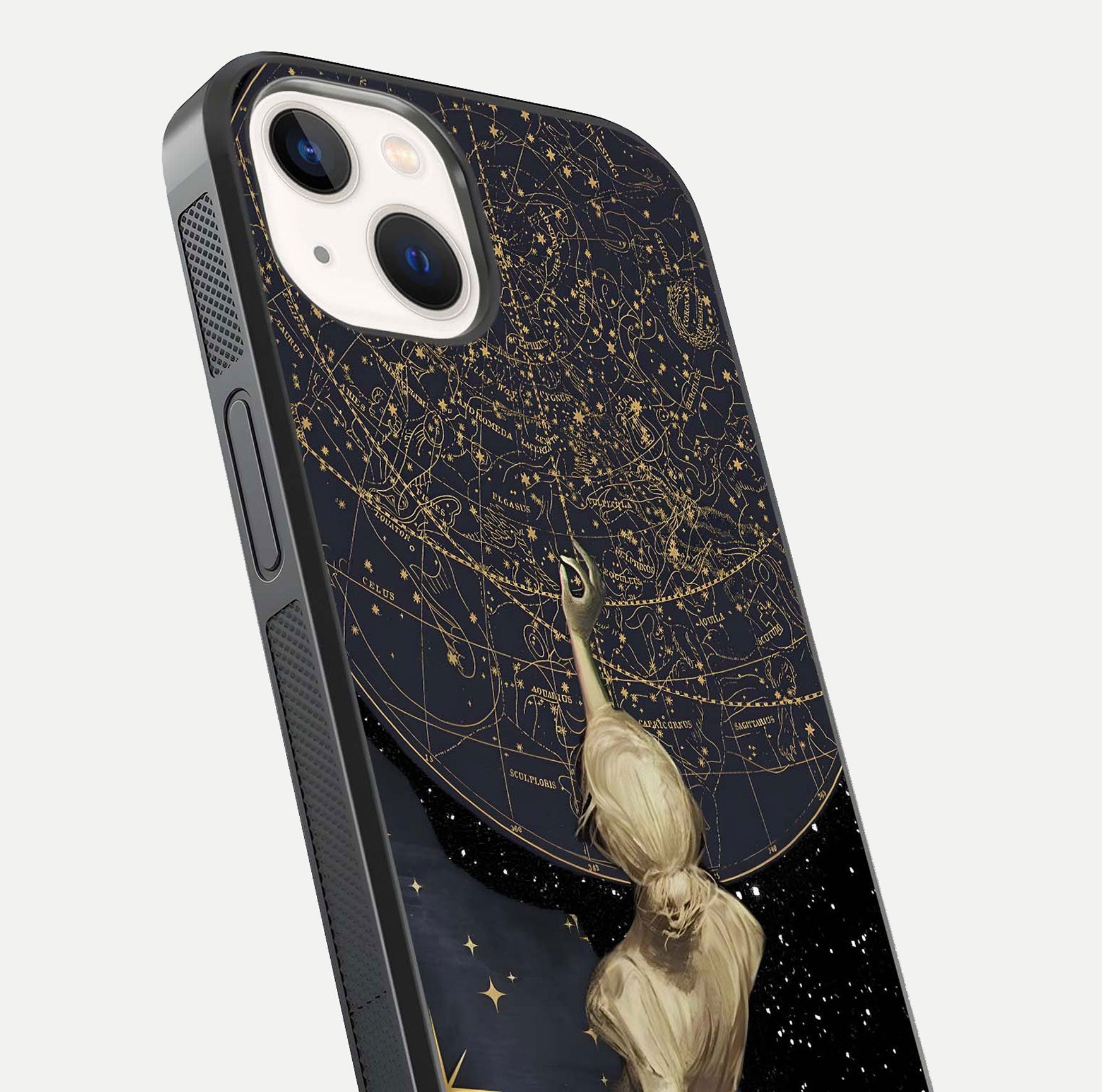 Taylor Swift Girl Glass Case for iPhone 14 close-up angled shot highlighting texture and HD reflection