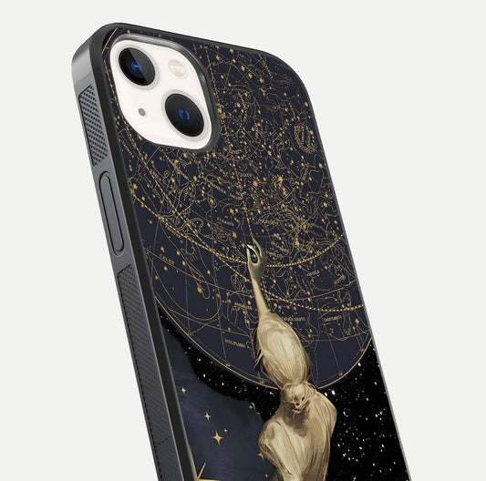 Taylor Swift Girl Glass Case for iPhone 14 close-up angled shot highlighting texture and HD reflection