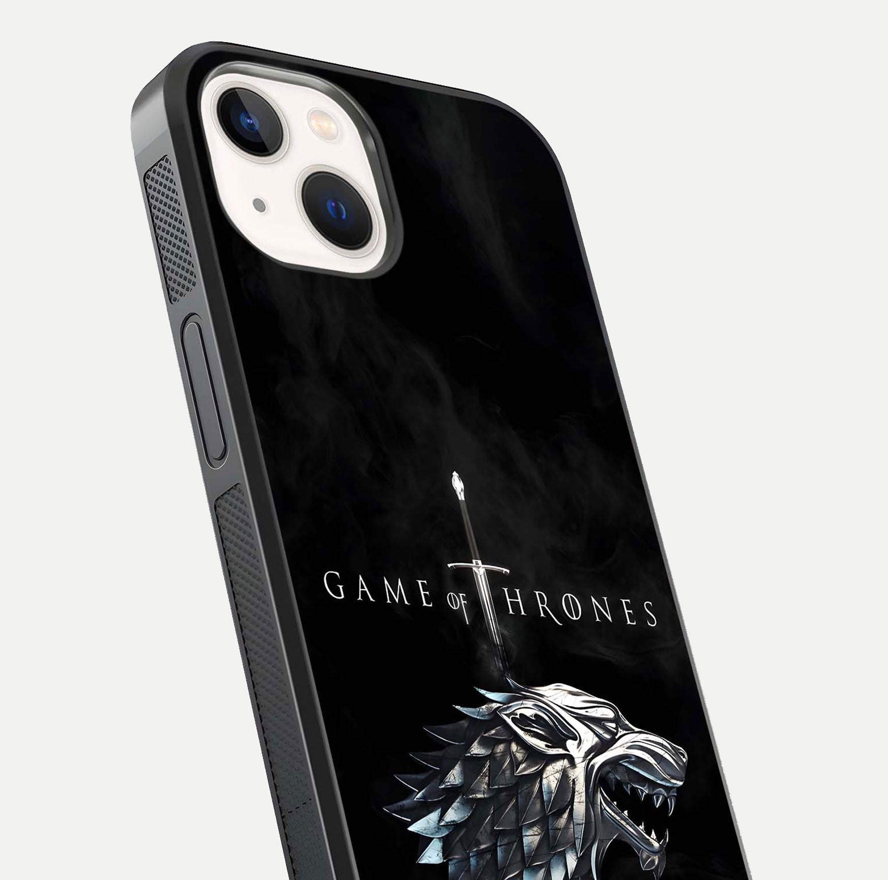 Throne Wolf Legacy Glass Case for iPhone 14 close-up angled shot highlighting fur texture and reflection