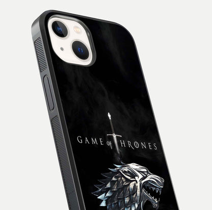 Throne Wolf Legacy Glass Case for iPhone 14 close-up angled shot highlighting fur texture and reflection