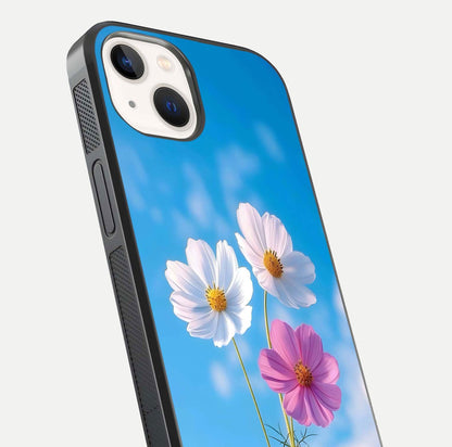 Triple Flowers With Sky Glass Case for iPhone 14 close-up angled shot highlighting petal and reflection details