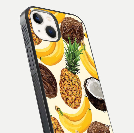 Tropical Fruit Mood Glass Case for iPhone 14 close-up angled shot highlighting fruit texture and reflection