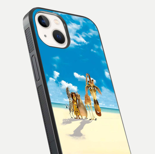 Tropical Fun Squad Glass Case for iPhone 14 close-up angled shot highlighting vibrant tones and texture