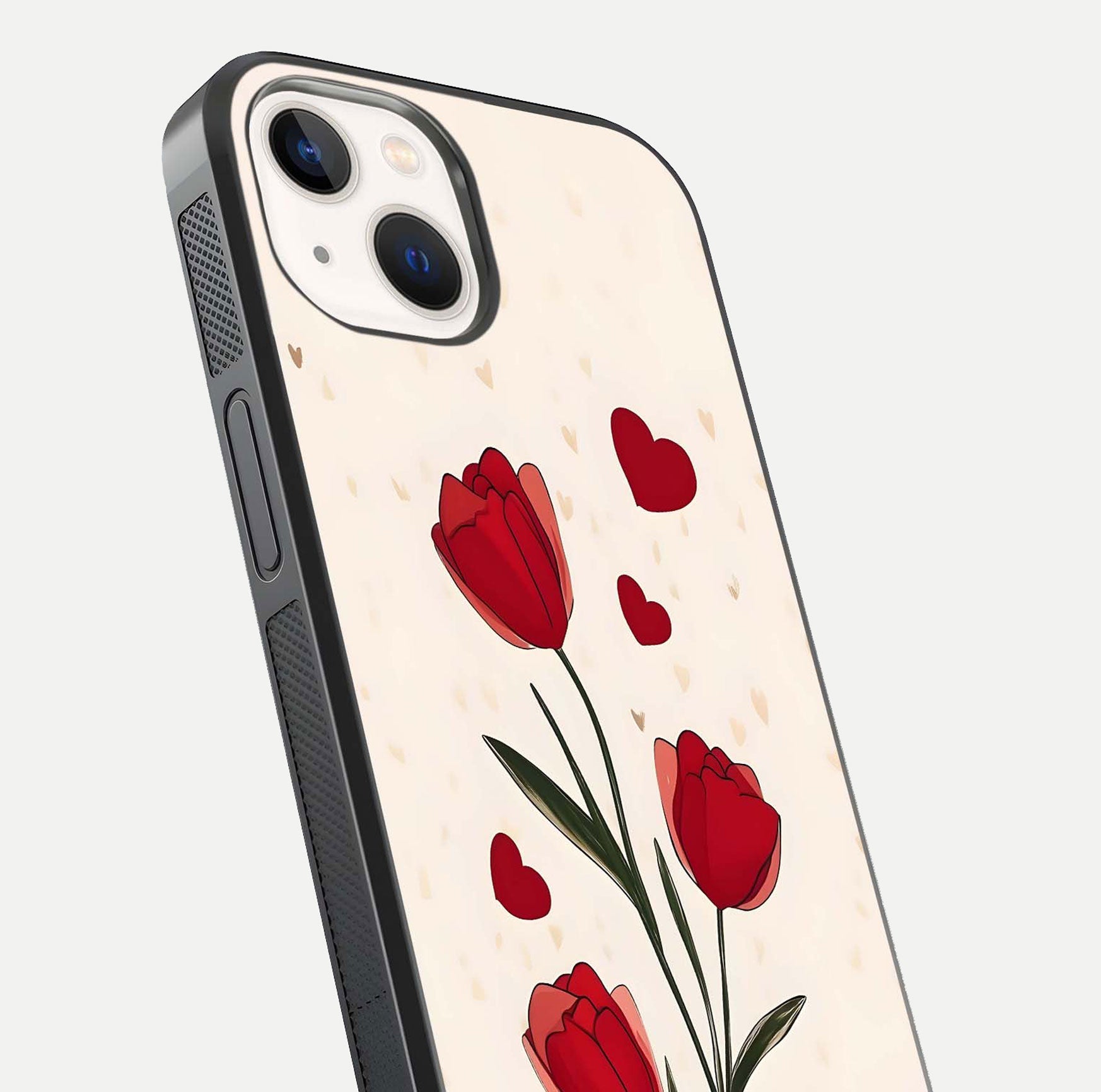 Tulip With Heart Glass Case for iPhone 14 close-up angled shot highlighting petal details and reflection