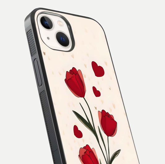 Tulip With Heart Glass Case for iPhone 14 close-up angled shot highlighting petal details and reflection